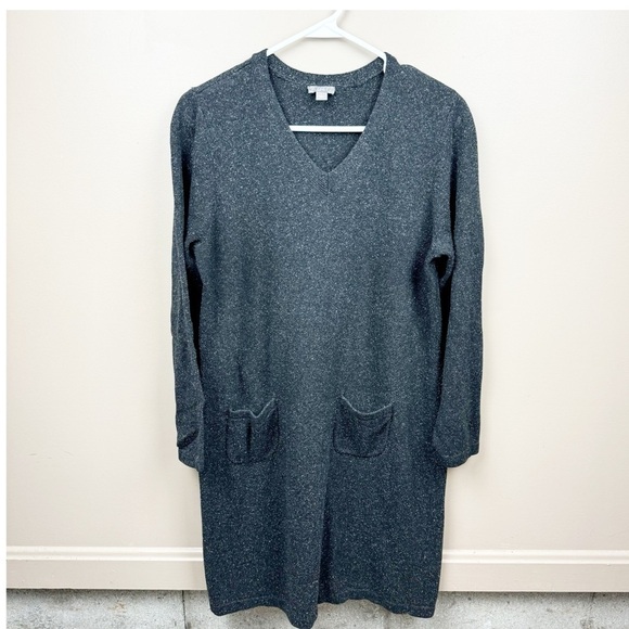 J. Jill Gray Speckled Silk Blend V Neck Dress with Front Pockets - Picture 1 of 9